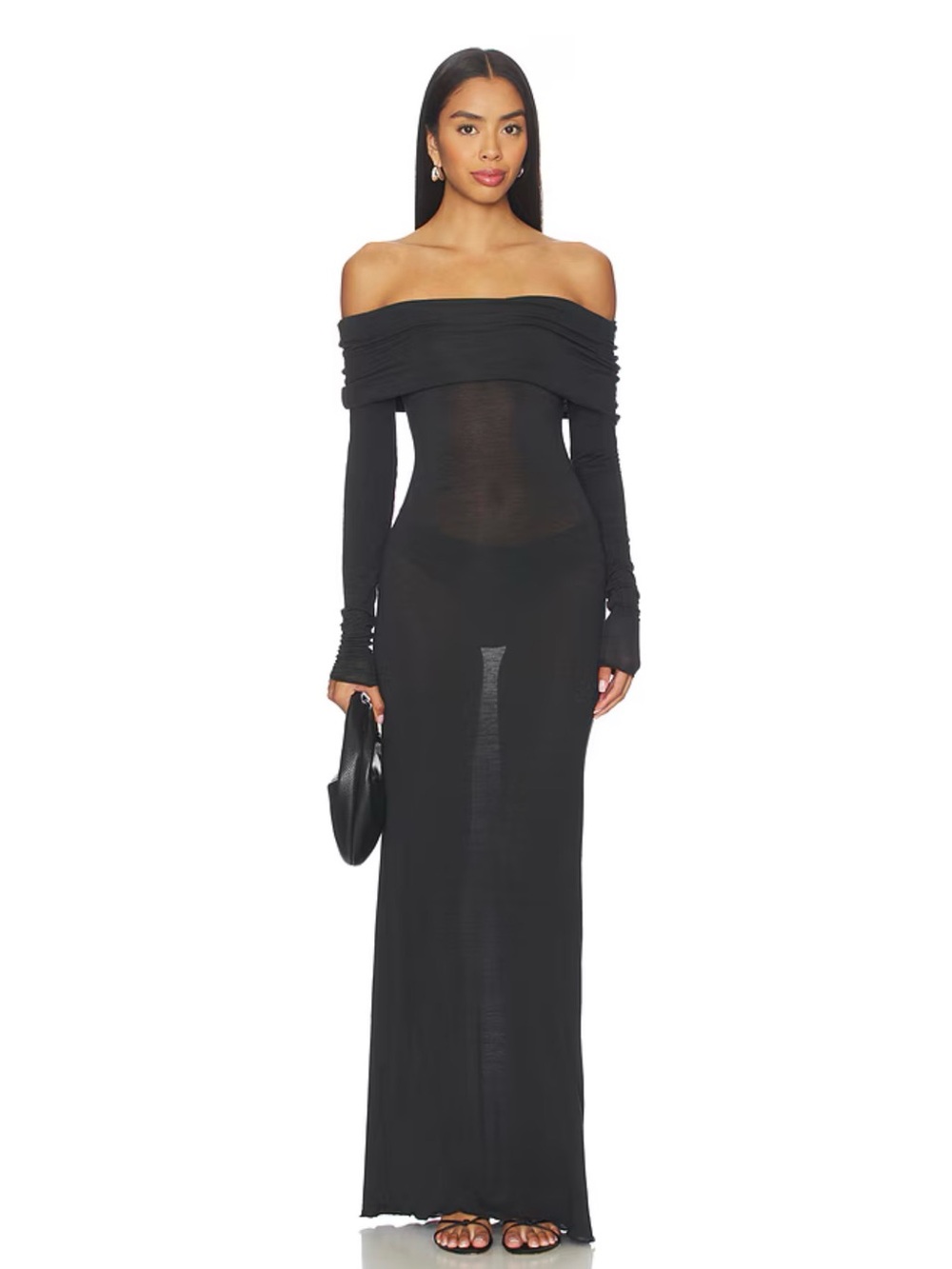 NWT SKIMS Sheer Modal Off The Shoulder Maxi Dress Onyx Black Small